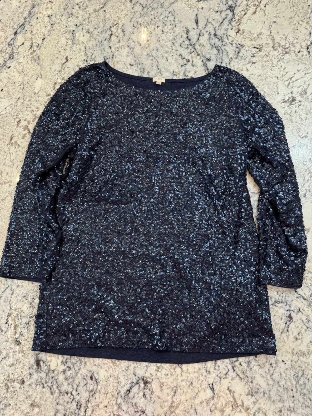 J.Crew Navy Sequin Top Medium 3/4 Sleeve Sparkly Party Holiday Blouse - Picture 9 of 10